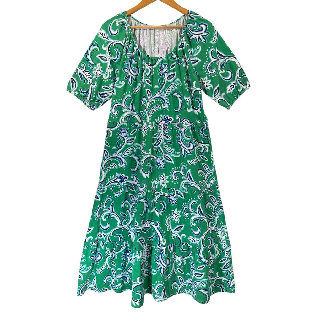 NWT Soft Surroundings Ilana Midi Dress Green Paisley/Leaf Ikat Tiered SZ M